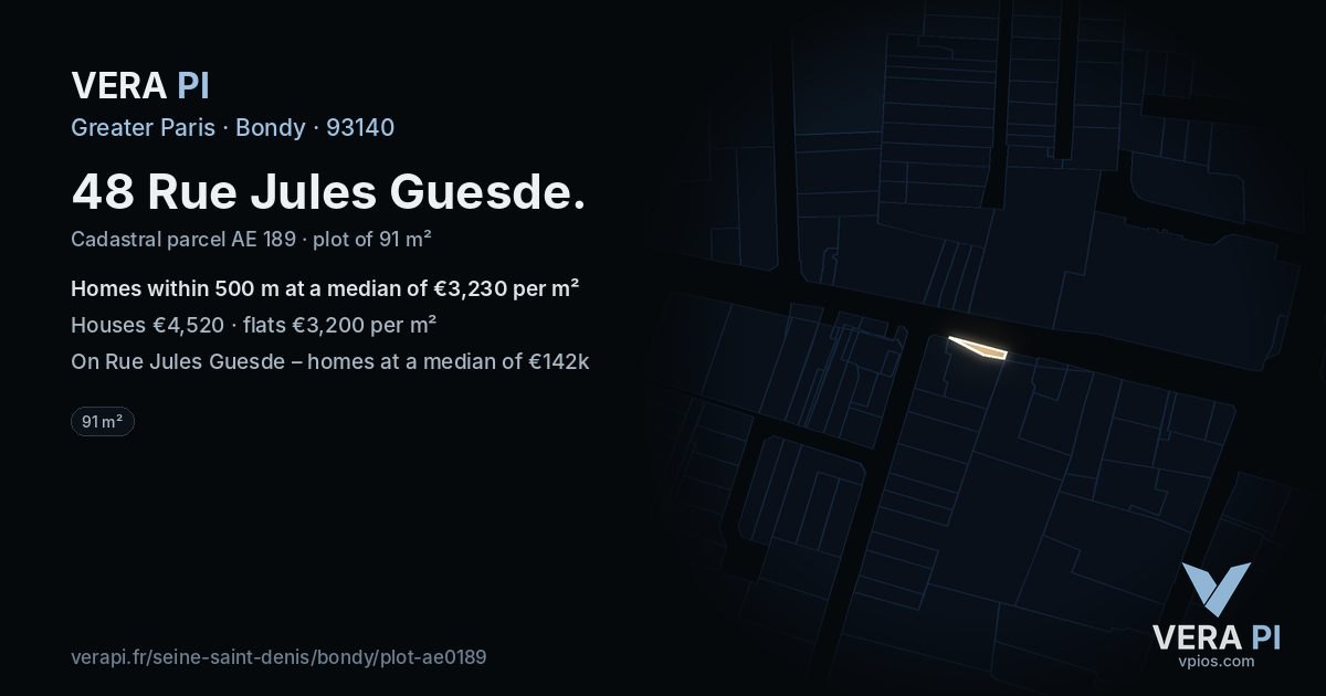 48 Rue Jules Guesde, Bondy at night – the plot lit, the parcels around coloured by the prices near them
