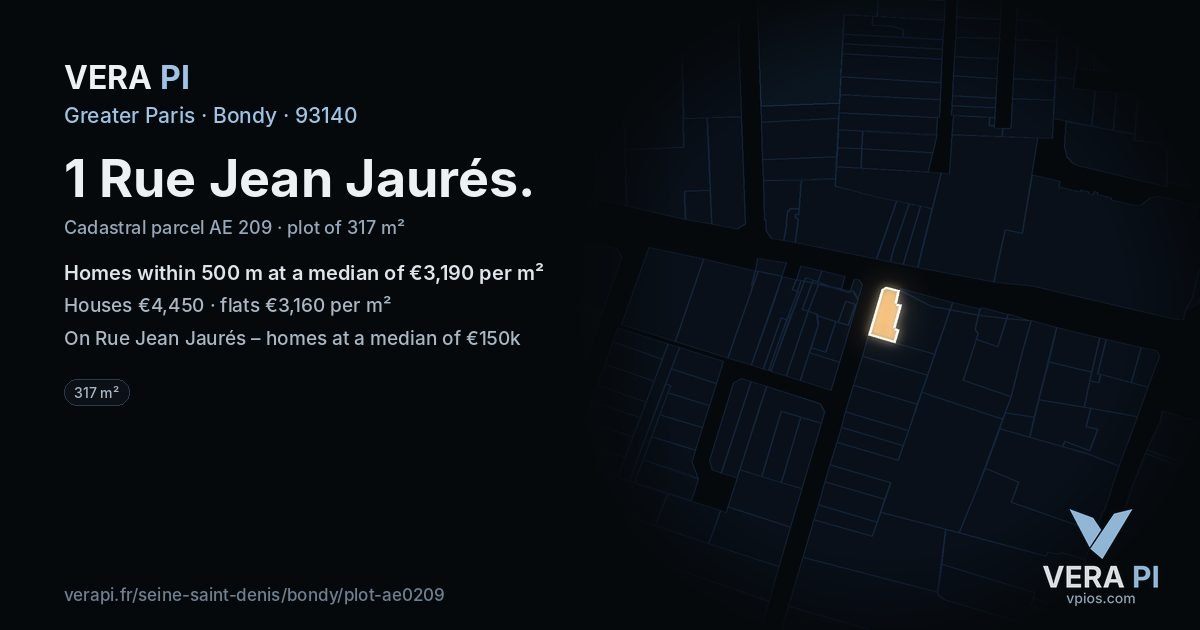 1 Rue Jean Jaurés, Bondy at night – the plot lit, the parcels around coloured by the prices near them