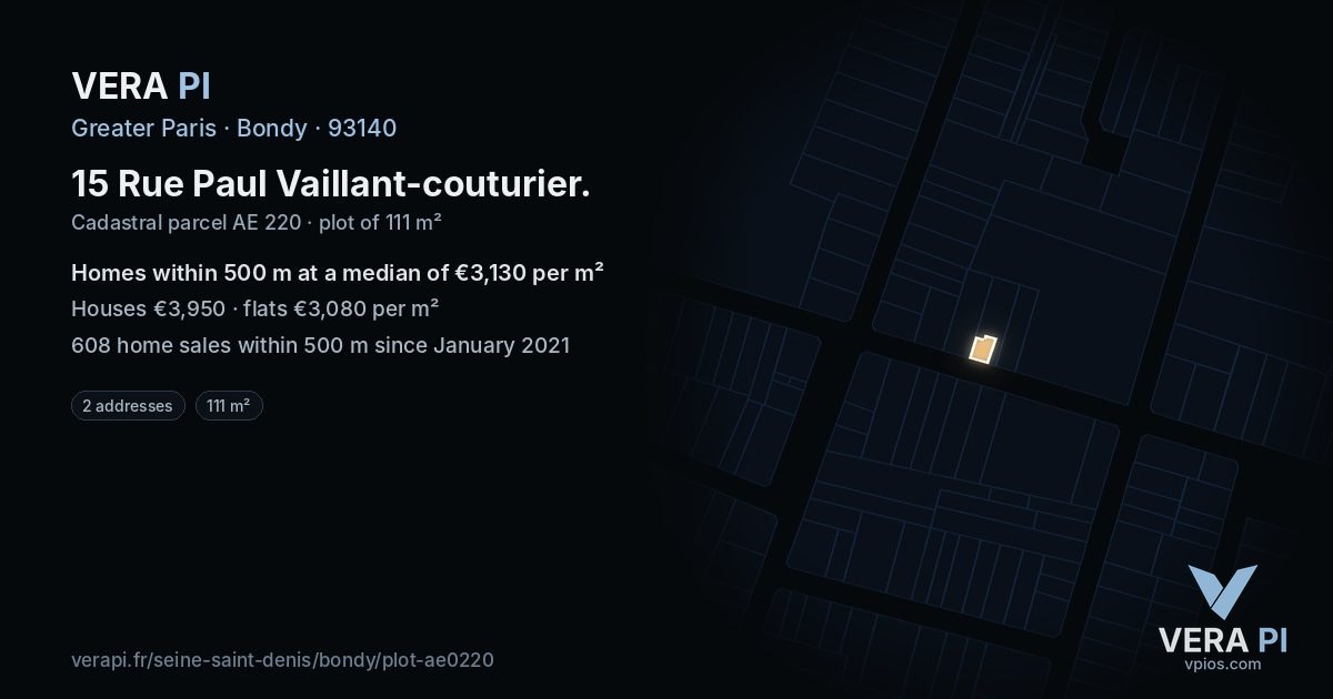 15 Rue Paul Vaillant-couturier, Bondy at night – the plot lit, the parcels around coloured by the prices near them