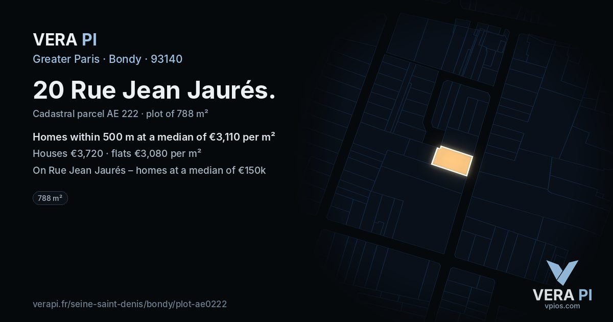 20 Rue Jean Jaurés, Bondy at night – the plot lit, the parcels around coloured by the prices near them