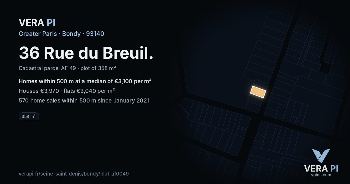 36 Rue du Breuil, Bondy at night – the plot lit, the parcels around coloured by the prices near them