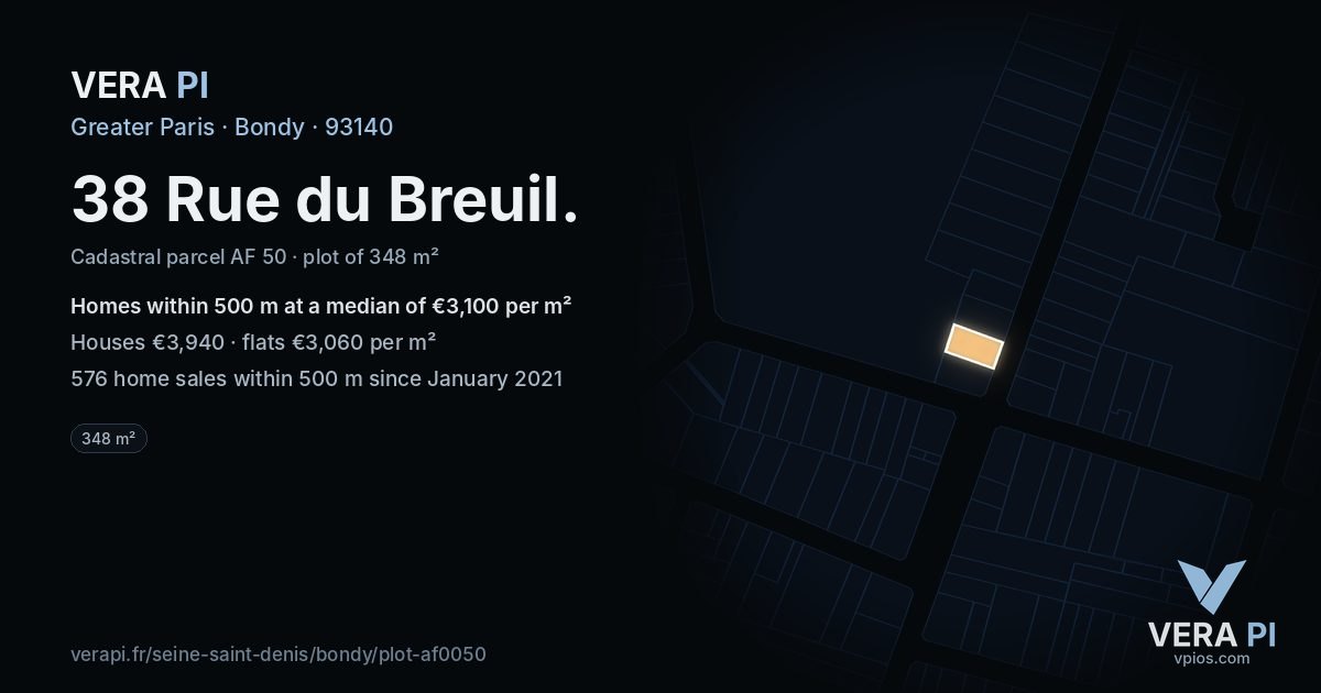 38 Rue du Breuil, Bondy at night – the plot lit, the parcels around coloured by the prices near them