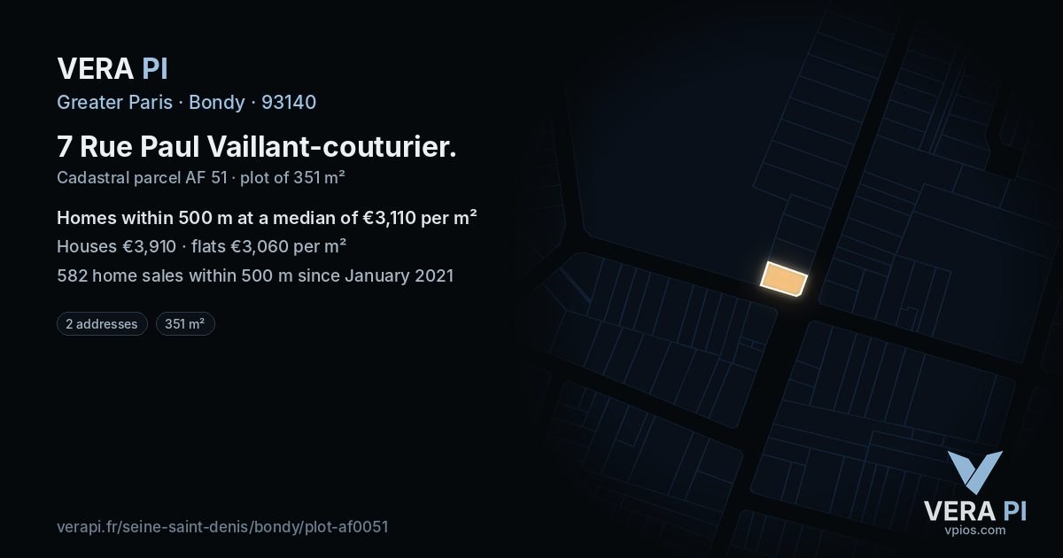7 Rue Paul Vaillant-couturier, Bondy at night – the plot lit, the parcels around coloured by the prices near them