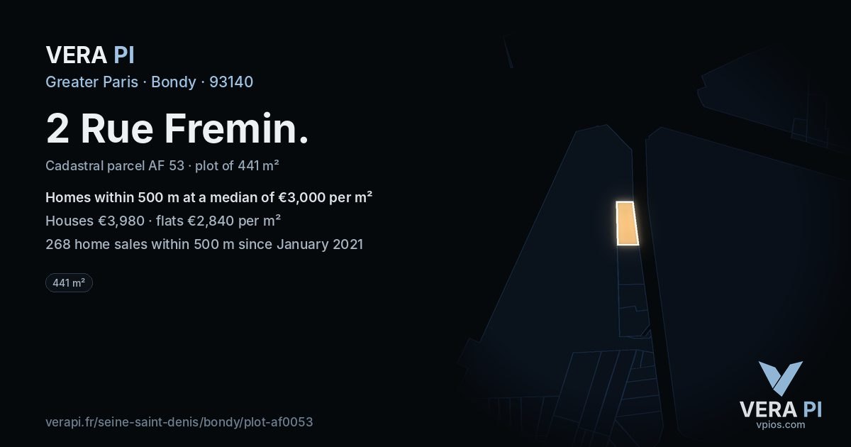 2 Rue Fremin, Bondy at night – the plot lit, the parcels around coloured by the prices near them