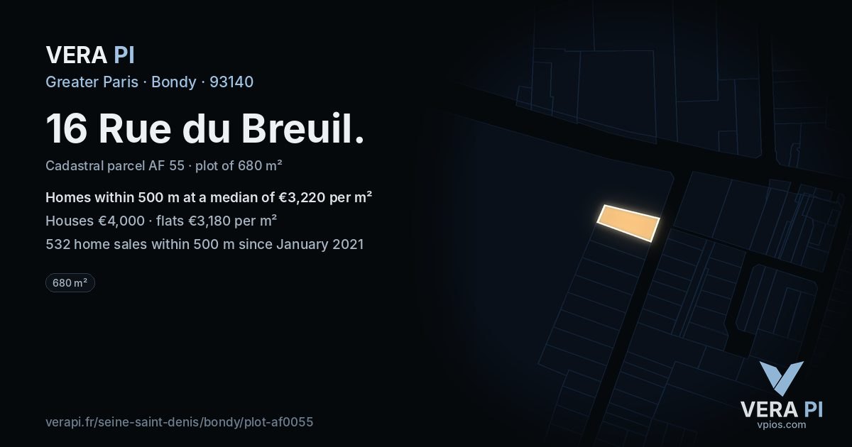 16 Rue du Breuil, Bondy at night – the plot lit, the parcels around coloured by the prices near them