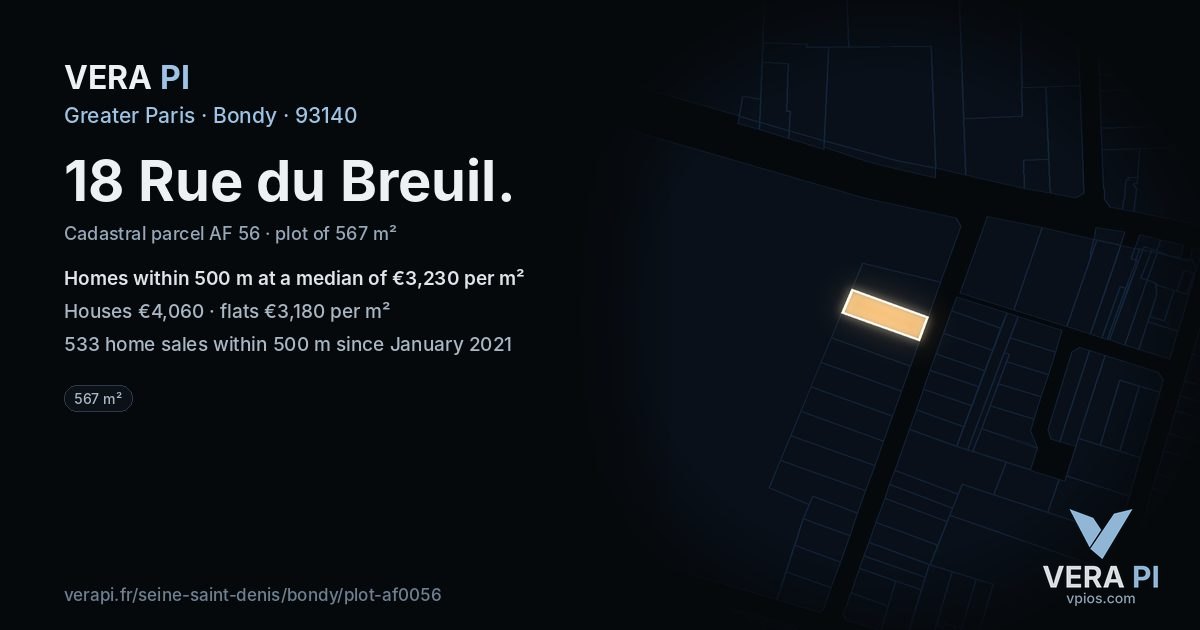 18 Rue du Breuil, Bondy at night – the plot lit, the parcels around coloured by the prices near them