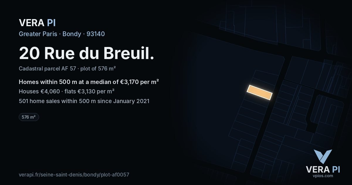 20 Rue du Breuil, Bondy at night – the plot lit, the parcels around coloured by the prices near them