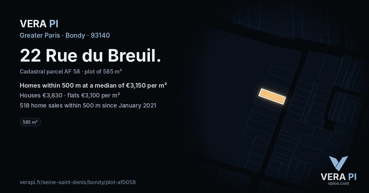 22 Rue du Breuil, Bondy at night – the plot lit, the parcels around coloured by the prices near them