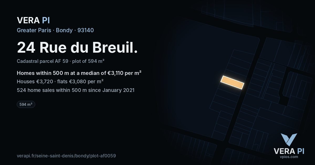 24 Rue du Breuil, Bondy at night – the plot lit, the parcels around coloured by the prices near them