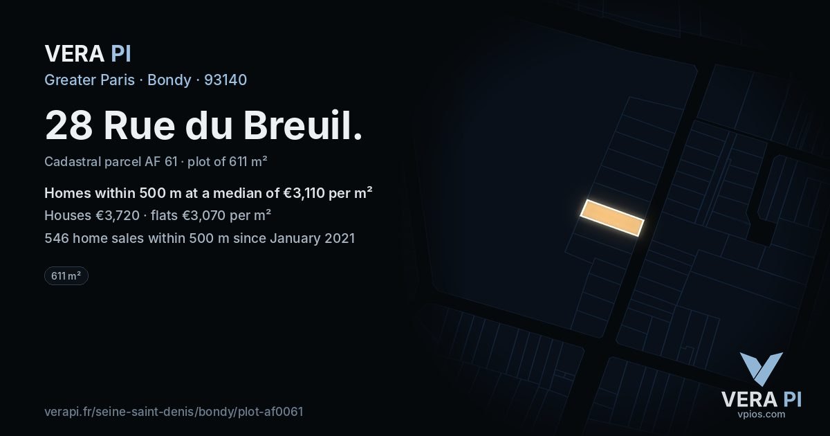 28 Rue du Breuil, Bondy at night – the plot lit, the parcels around coloured by the prices near them
