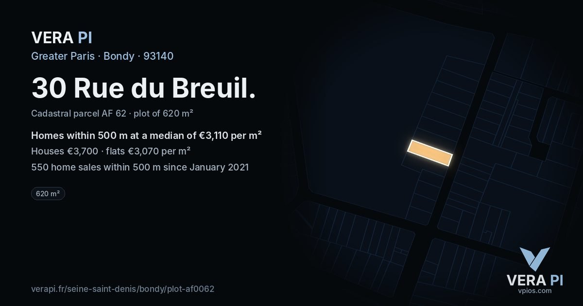 30 Rue du Breuil, Bondy at night – the plot lit, the parcels around coloured by the prices near them