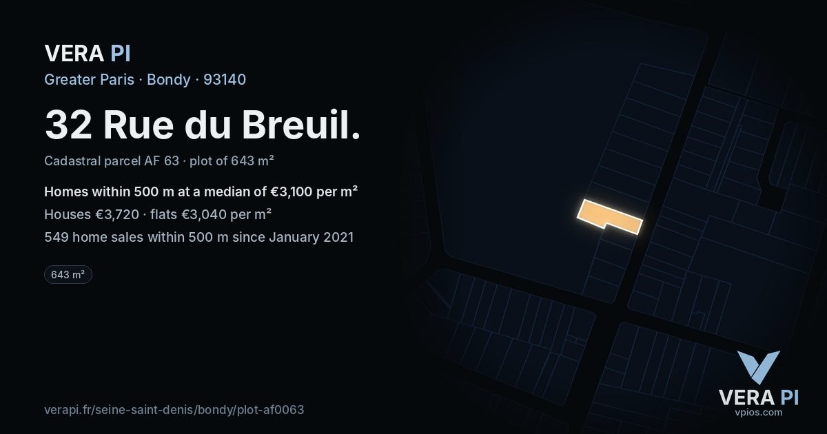 32 Rue du Breuil, Bondy at night – the plot lit, the parcels around coloured by the prices near them