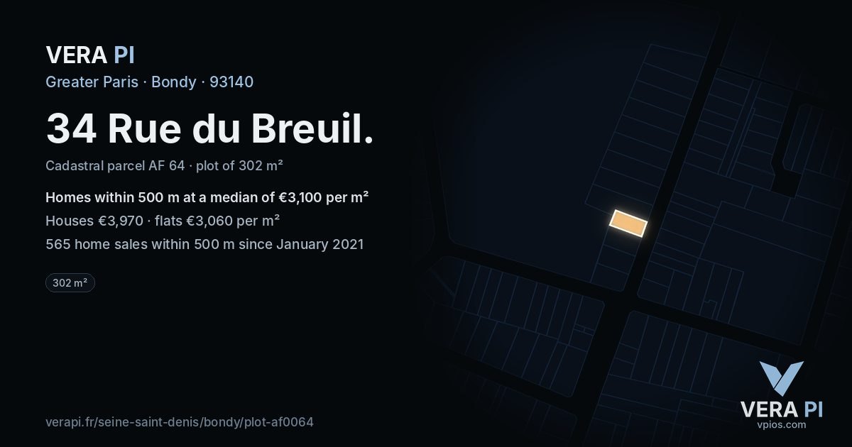 34 Rue du Breuil, Bondy at night – the plot lit, the parcels around coloured by the prices near them