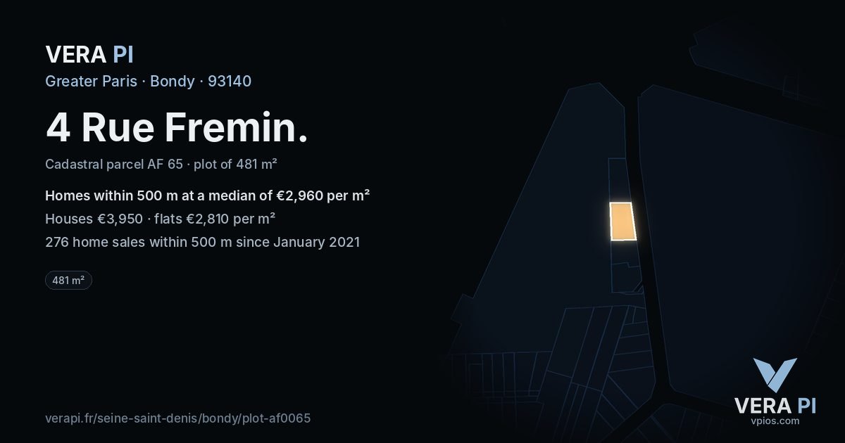 4 Rue Fremin, Bondy at night – the plot lit, the parcels around coloured by the prices near them