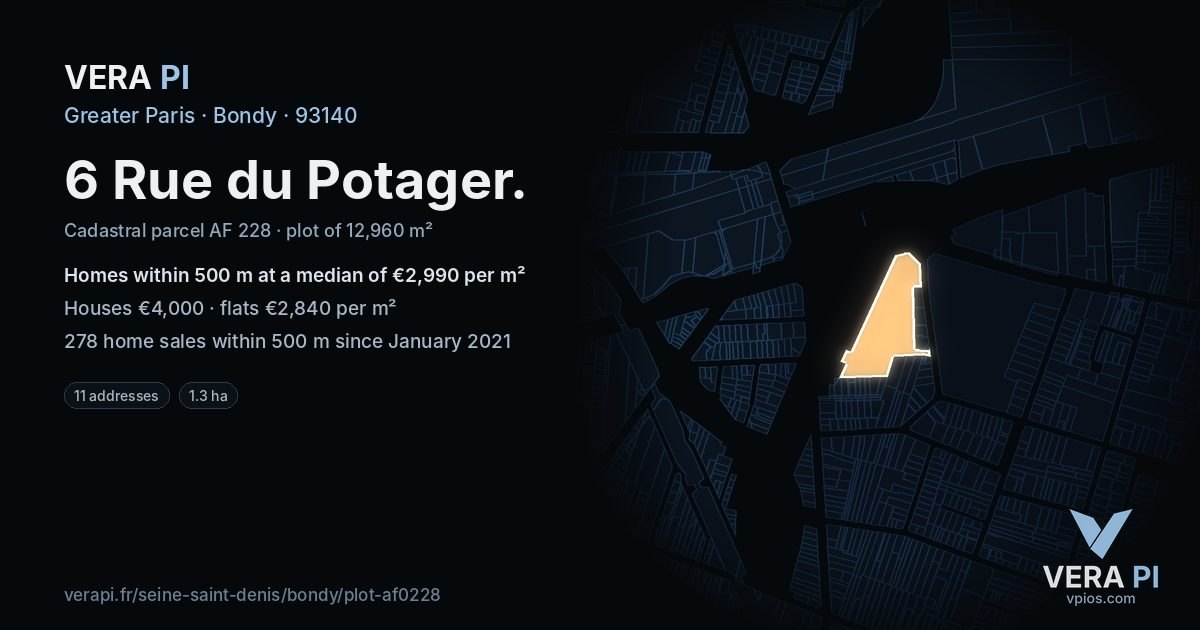 6 Rue du Potager, Bondy at night – the plot lit, the parcels around coloured by the prices near them