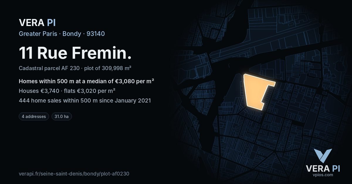 11 Rue Fremin, Bondy at night – the plot lit, the parcels around coloured by the prices near them