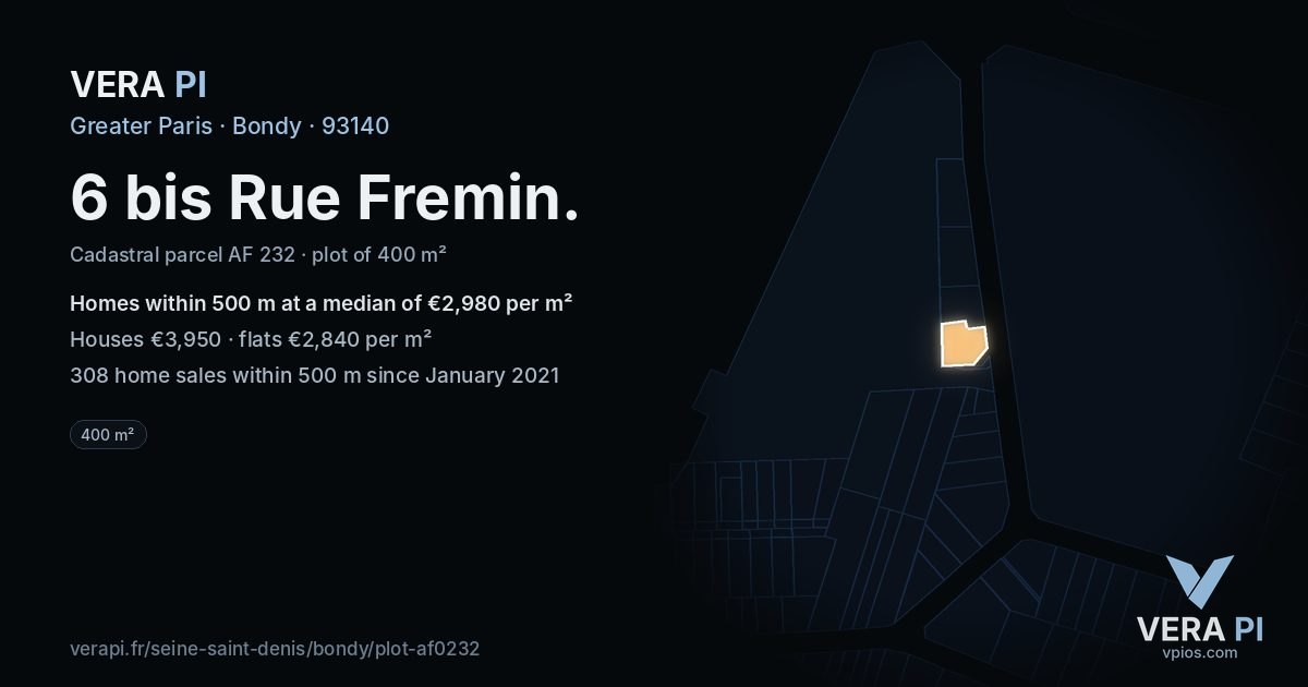 6 bis Rue Fremin, Bondy at night – the plot lit, the parcels around coloured by the prices near them
