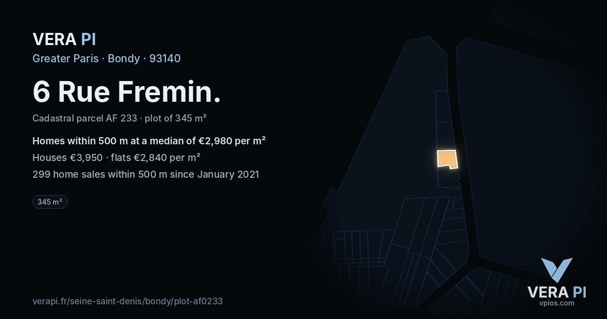 6 Rue Fremin, Bondy at night – the plot lit, the parcels around coloured by the prices near them