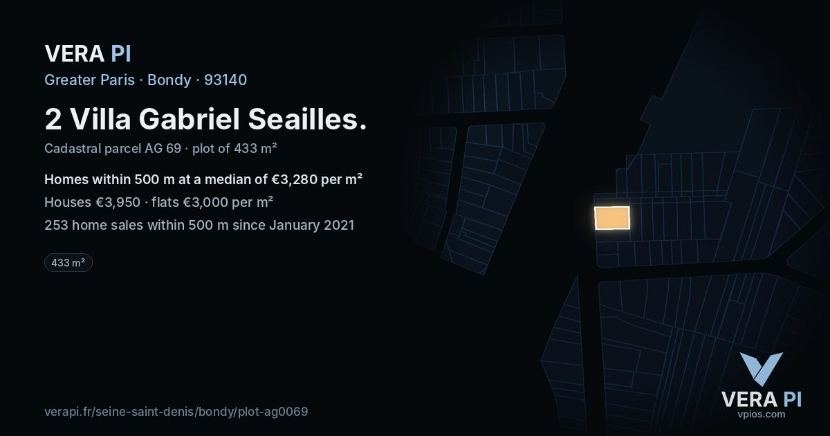 2 Villa Gabriel Seailles, Bondy at night – the plot lit, the parcels around coloured by the prices near them