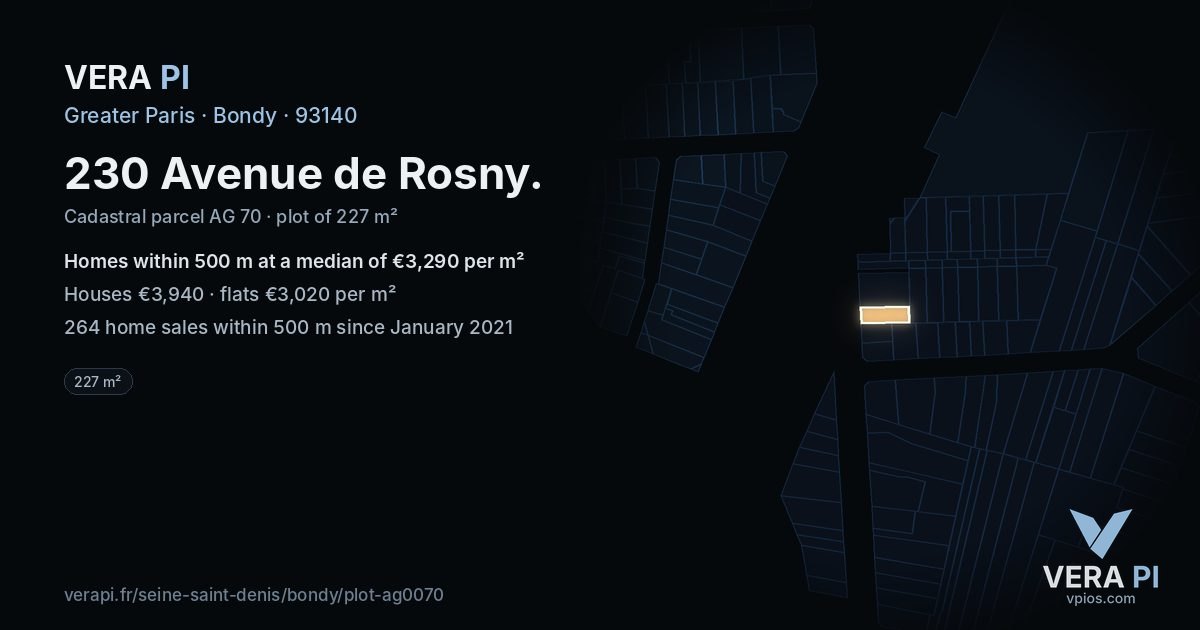 230 Avenue de Rosny, Bondy at night – the plot lit, the parcels around coloured by the prices near them
