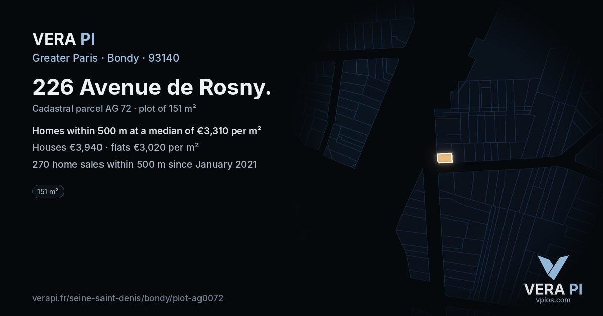 226 Avenue de Rosny, Bondy at night – the plot lit, the parcels around coloured by the prices near them