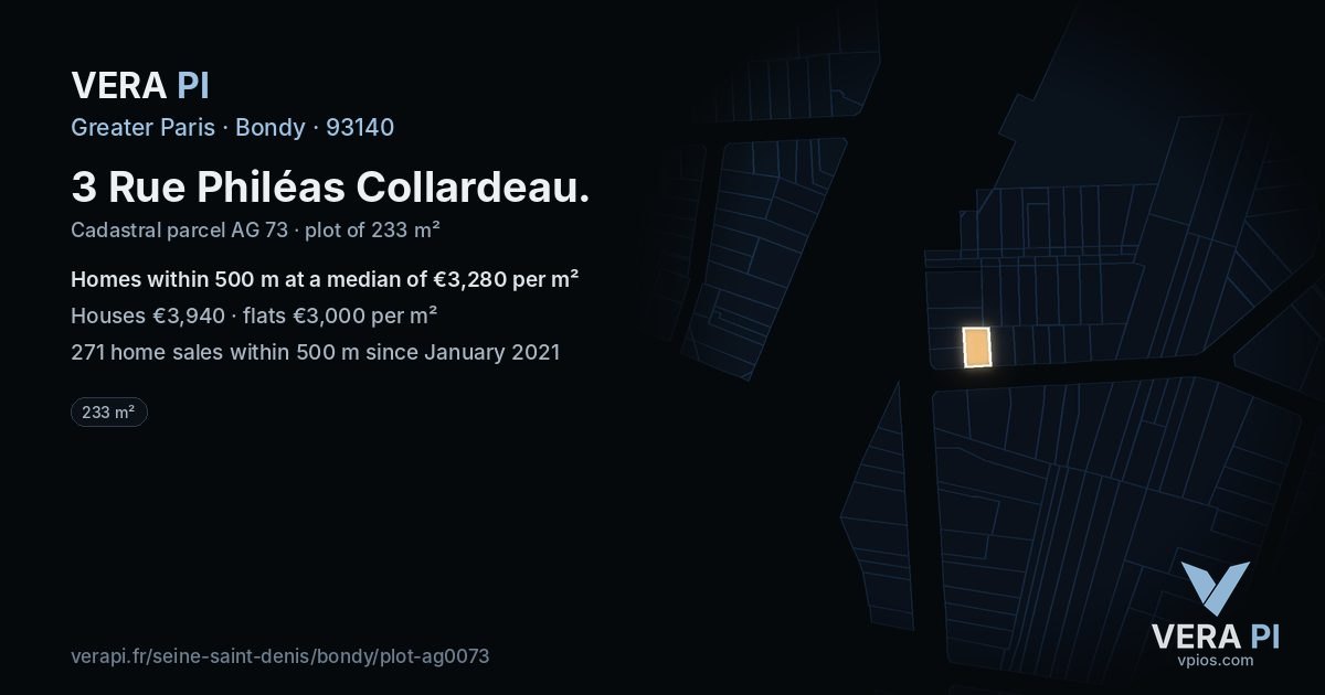 3 Rue Philéas Collardeau, Bondy at night – the plot lit, the parcels around coloured by the prices near them
