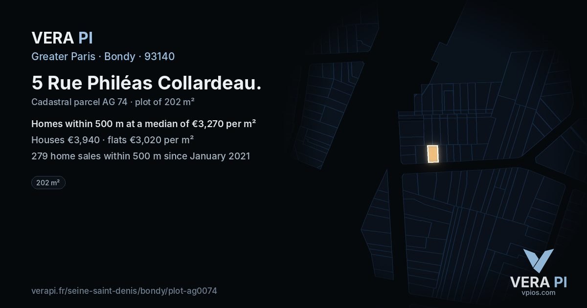 5 Rue Philéas Collardeau, Bondy at night – the plot lit, the parcels around coloured by the prices near them