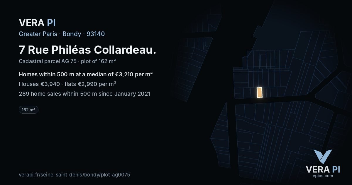 7 Rue Philéas Collardeau, Bondy at night – the plot lit, the parcels around coloured by the prices near them