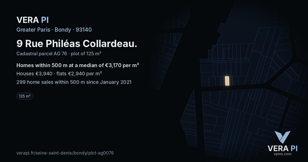 9 Rue Philéas Collardeau, Bondy at night – the plot lit, the parcels around coloured by the prices near them