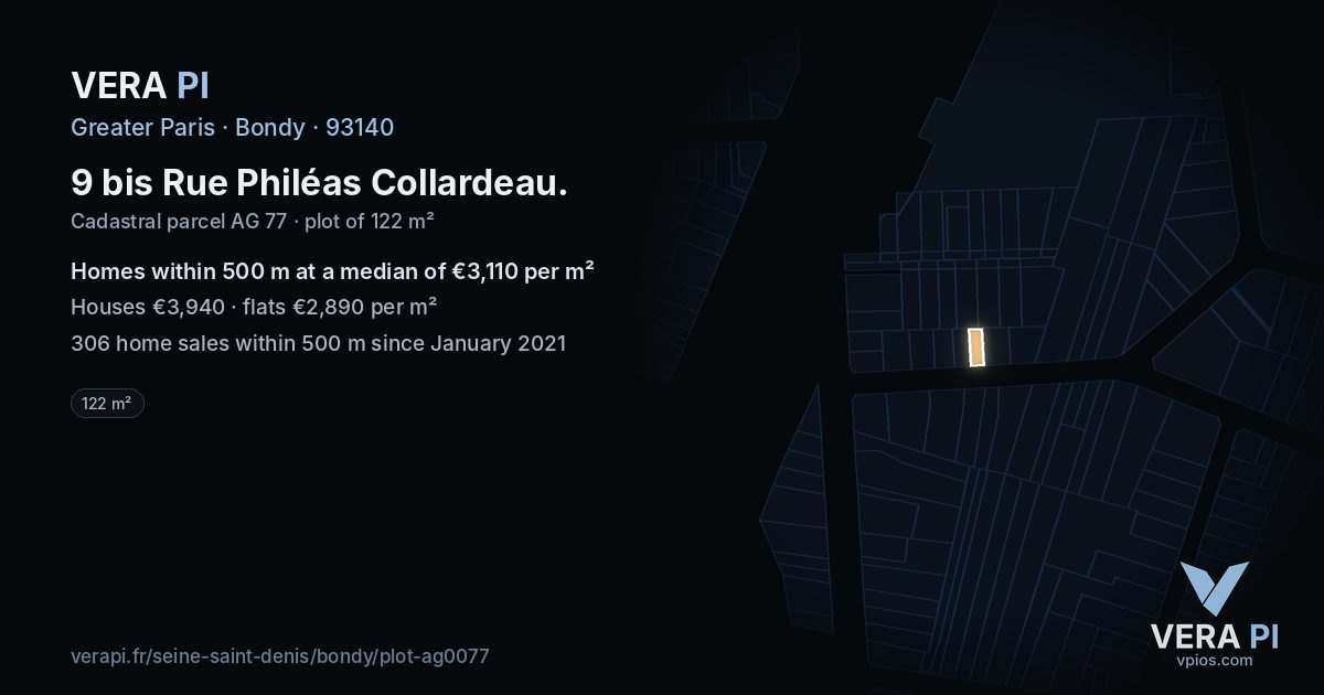 9 bis Rue Philéas Collardeau, Bondy at night – the plot lit, the parcels around coloured by the prices near them