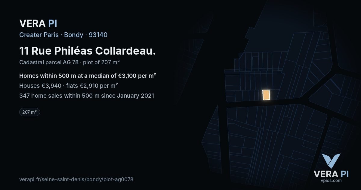 11 Rue Philéas Collardeau, Bondy at night – the plot lit, the parcels around coloured by the prices near them