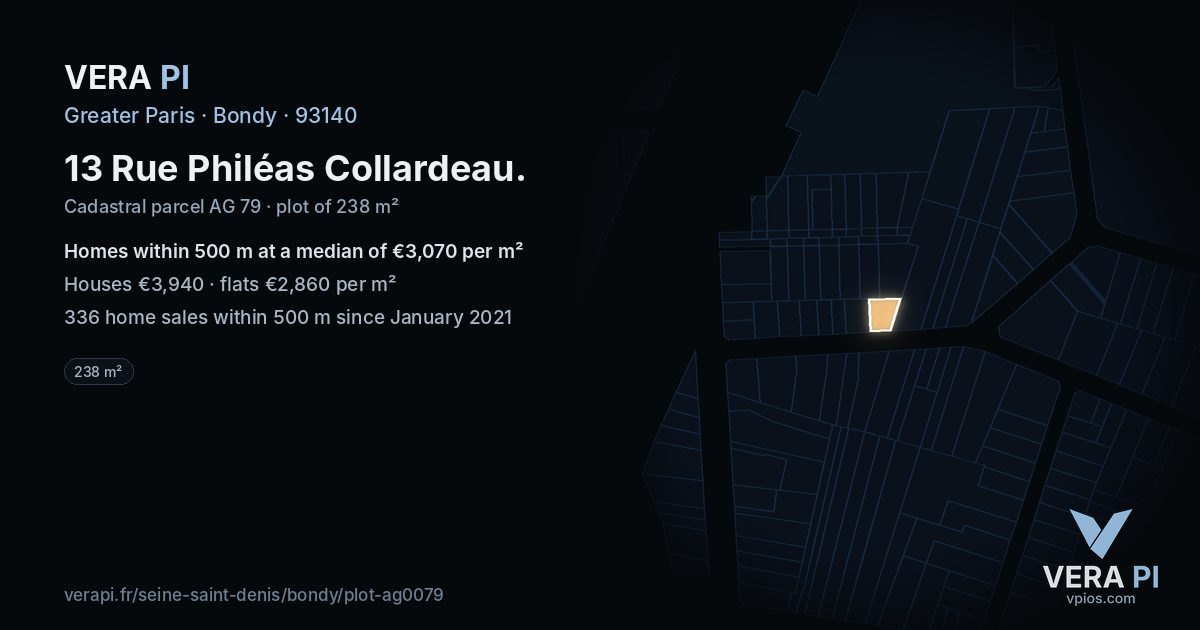 13 Rue Philéas Collardeau, Bondy at night – the plot lit, the parcels around coloured by the prices near them