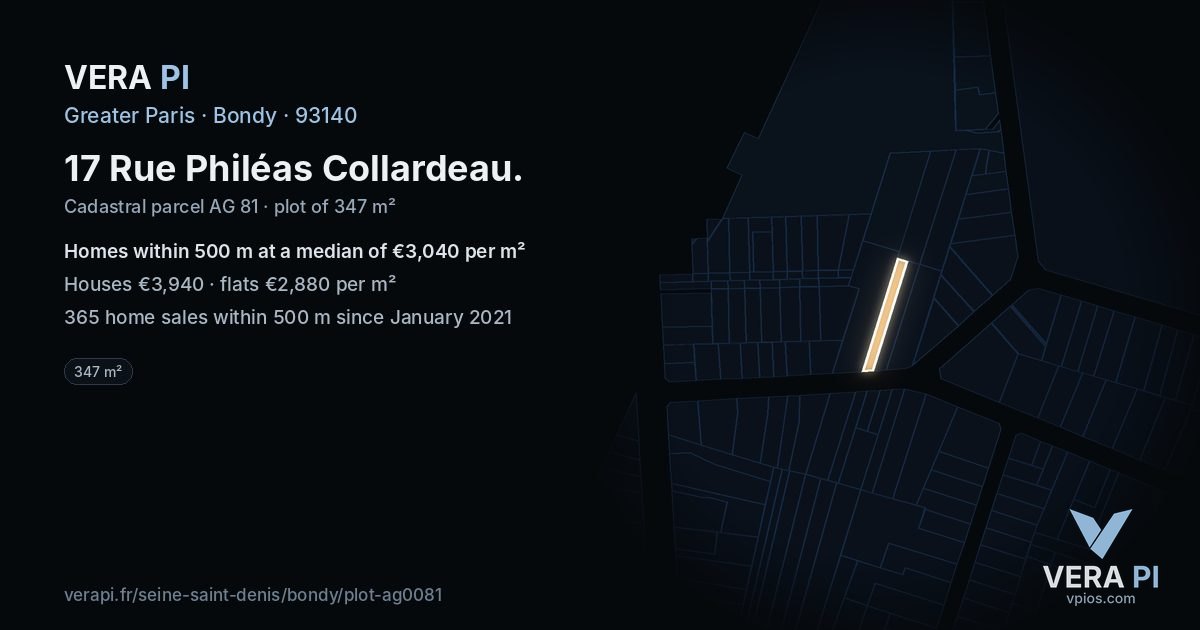 17 Rue Philéas Collardeau, Bondy at night – the plot lit, the parcels around coloured by the prices near them