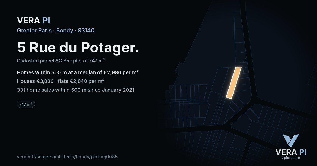 5 Rue du Potager, Bondy at night – the plot lit, the parcels around coloured by the prices near them