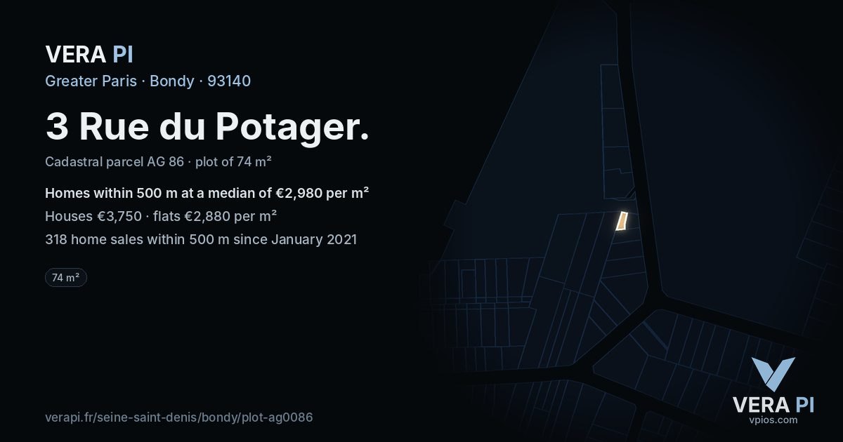 3 Rue du Potager, Bondy at night – the plot lit, the parcels around coloured by the prices near them