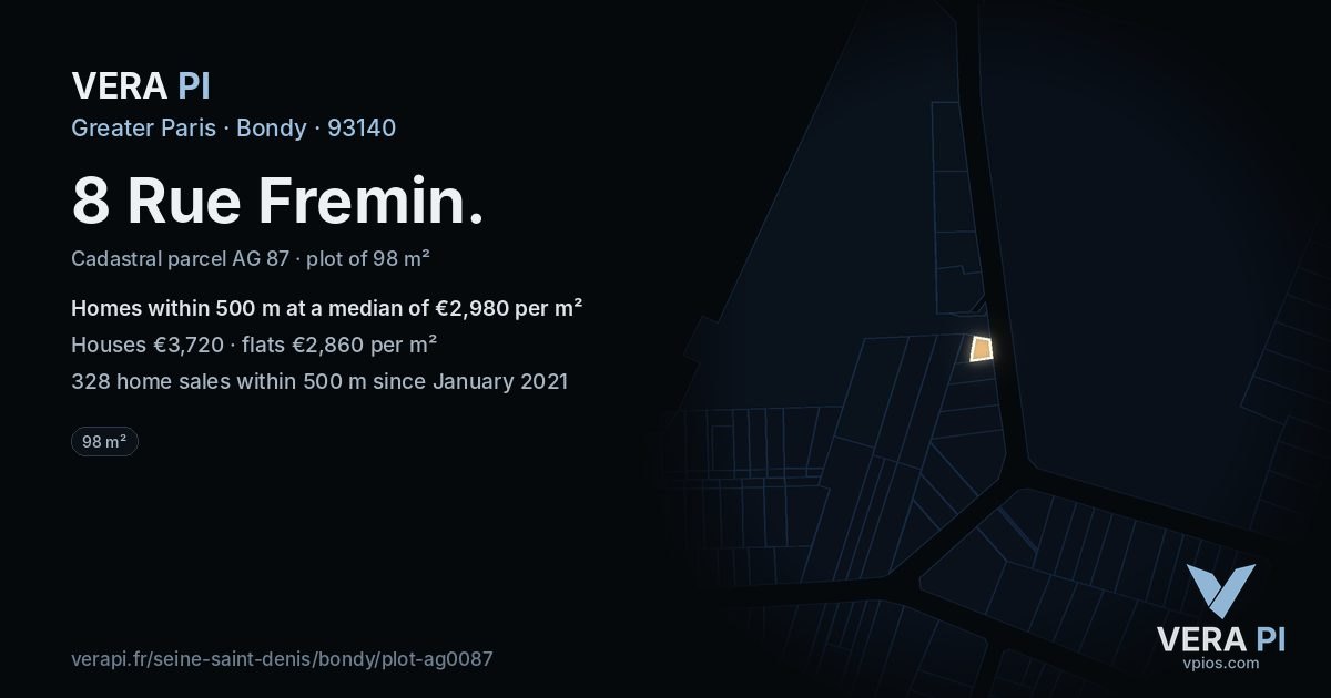 8 Rue Fremin, Bondy at night – the plot lit, the parcels around coloured by the prices near them
