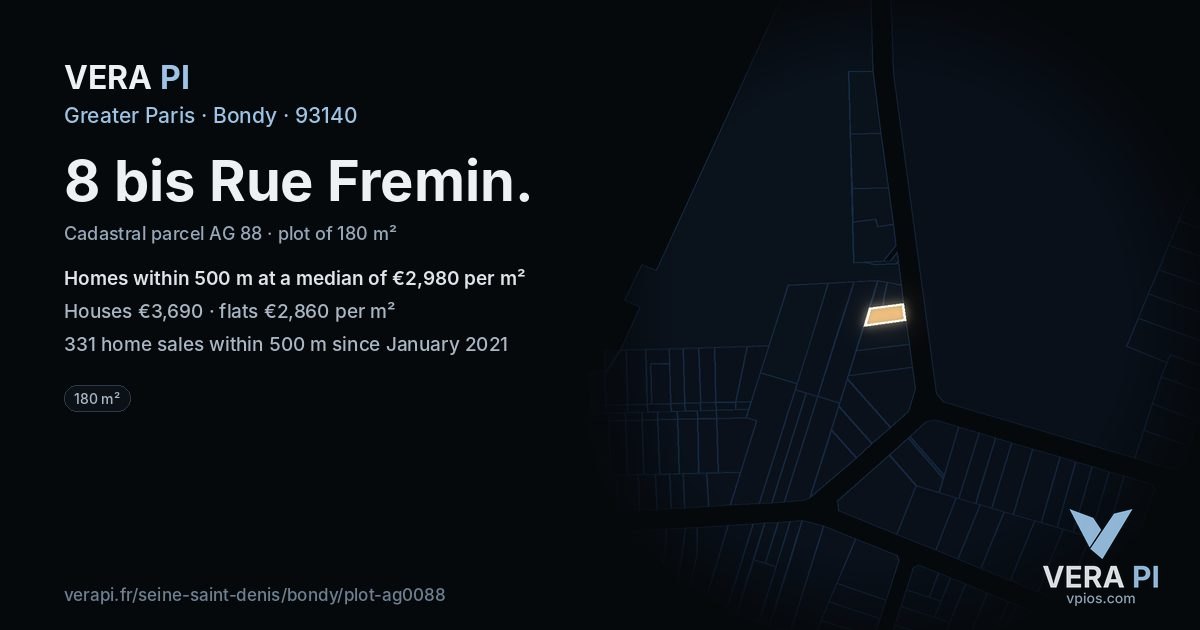 8 bis Rue Fremin, Bondy at night – the plot lit, the parcels around coloured by the prices near them