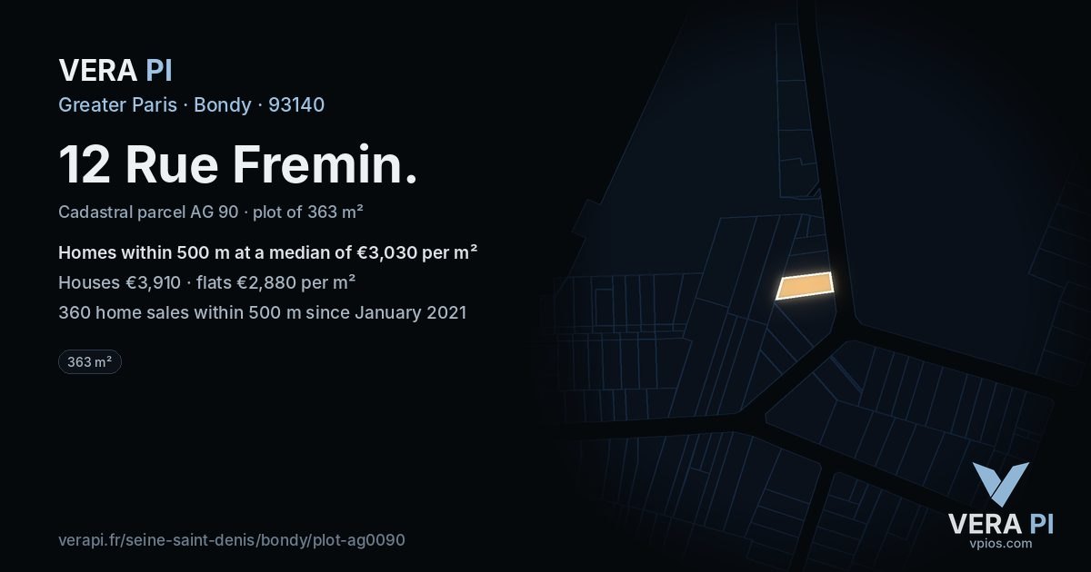 12 Rue Fremin, Bondy at night – the plot lit, the parcels around coloured by the prices near them