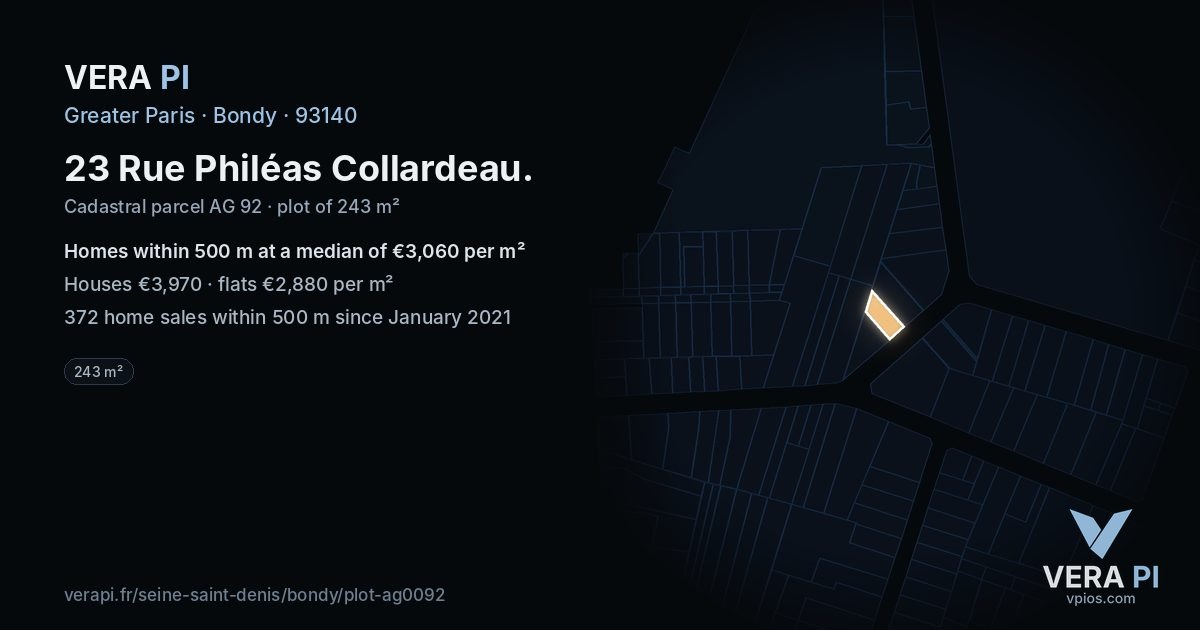 23 Rue Philéas Collardeau, Bondy at night – the plot lit, the parcels around coloured by the prices near them