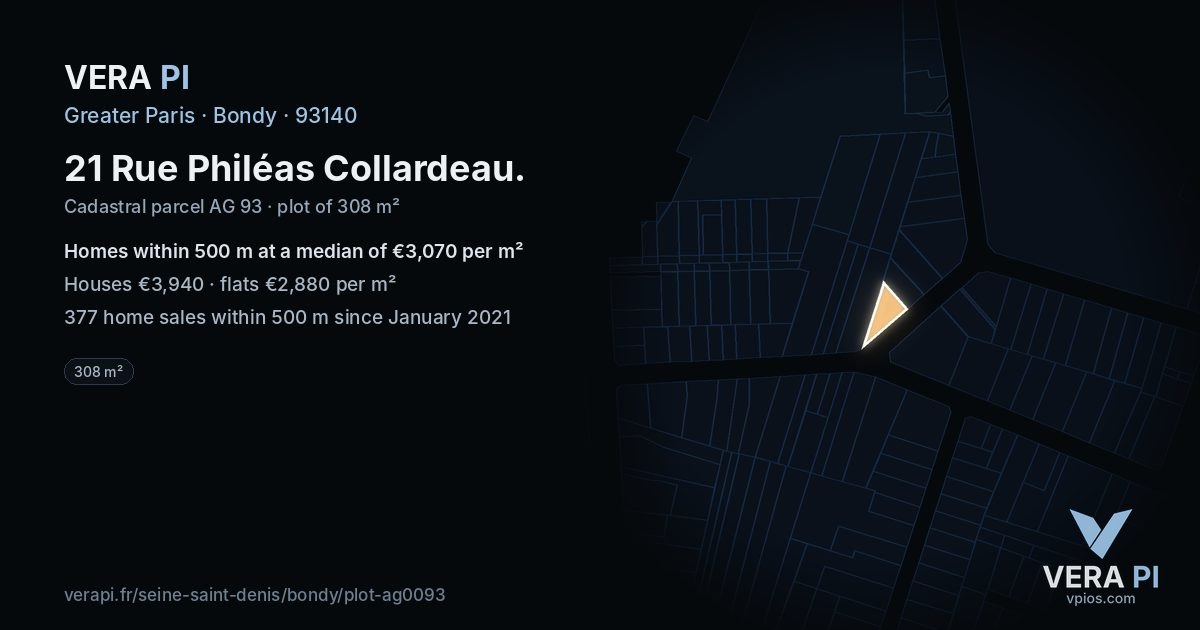 21 Rue Philéas Collardeau, Bondy at night – the plot lit, the parcels around coloured by the prices near them