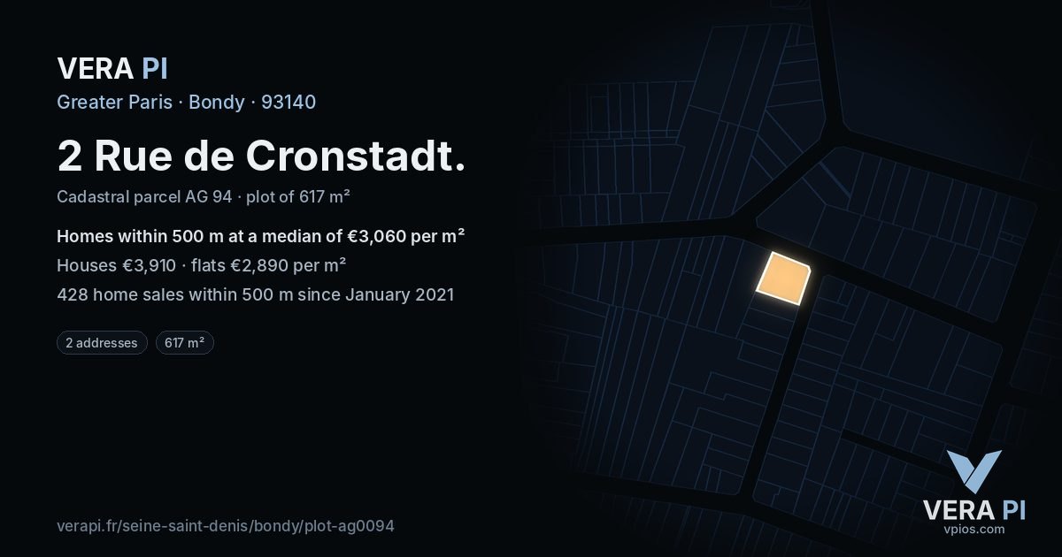2 Rue de Cronstadt, Bondy at night – the plot lit, the parcels around coloured by the prices near them
