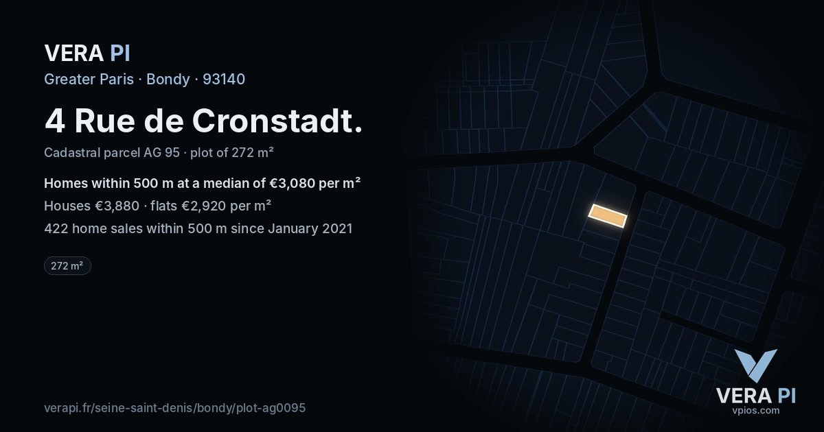 4 Rue de Cronstadt, Bondy at night – the plot lit, the parcels around coloured by the prices near them