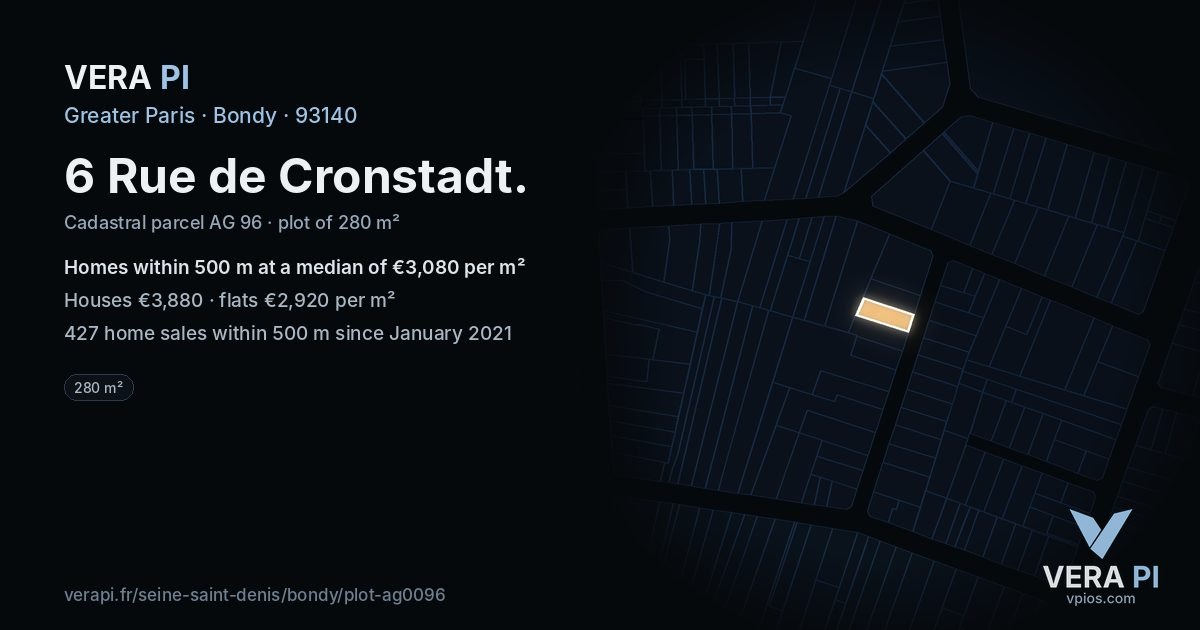 6 Rue de Cronstadt, Bondy at night – the plot lit, the parcels around coloured by the prices near them