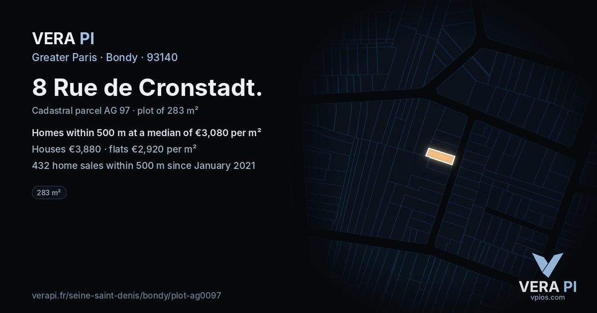 8 Rue de Cronstadt, Bondy at night – the plot lit, the parcels around coloured by the prices near them