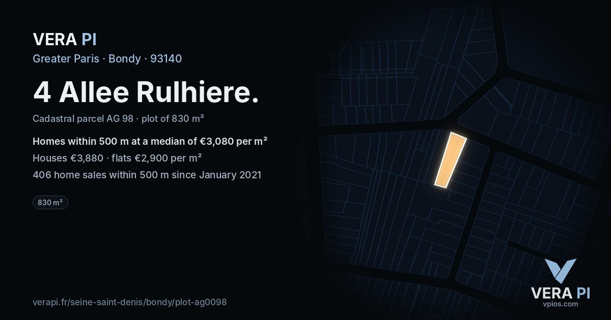 4 Allee Rulhiere, Bondy at night – the plot lit, the parcels around coloured by the prices near them