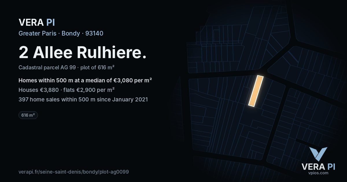 2 Allee Rulhiere, Bondy at night – the plot lit, the parcels around coloured by the prices near them