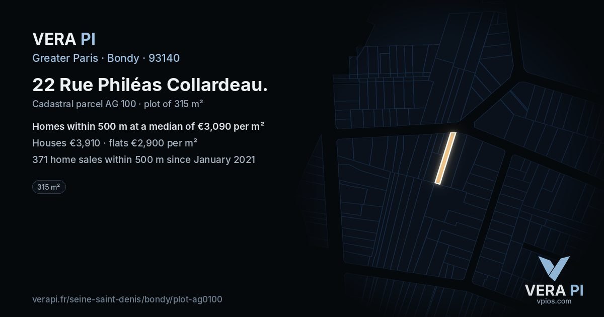 22 Rue Philéas Collardeau, Bondy at night – the plot lit, the parcels around coloured by the prices near them