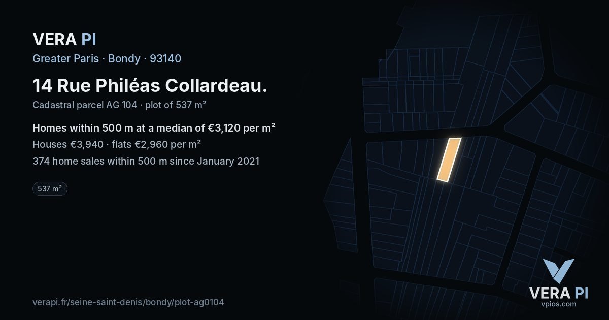 14 Rue Philéas Collardeau, Bondy at night – the plot lit, the parcels around coloured by the prices near them
