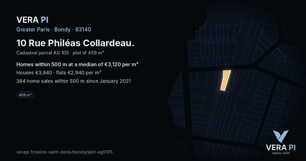 10 Rue Philéas Collardeau, Bondy at night – the plot lit, the parcels around coloured by the prices near them