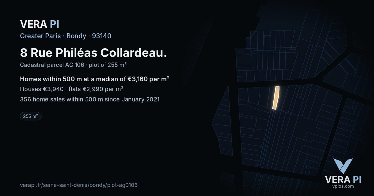 8 Rue Philéas Collardeau, Bondy at night – the plot lit, the parcels around coloured by the prices near them